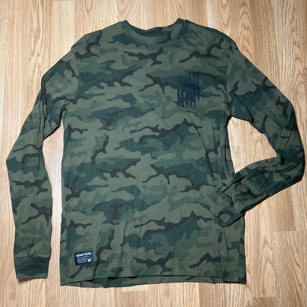 Howitzer Mens Camo Long Sleeve American Flag Graphic T-Shirt Green Large